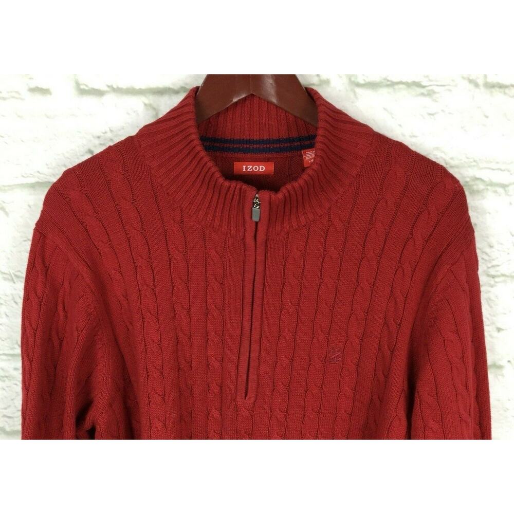 IZOD Cable Knit Quarter-Zip Men's Sweater Red Size Large 100% Cotton